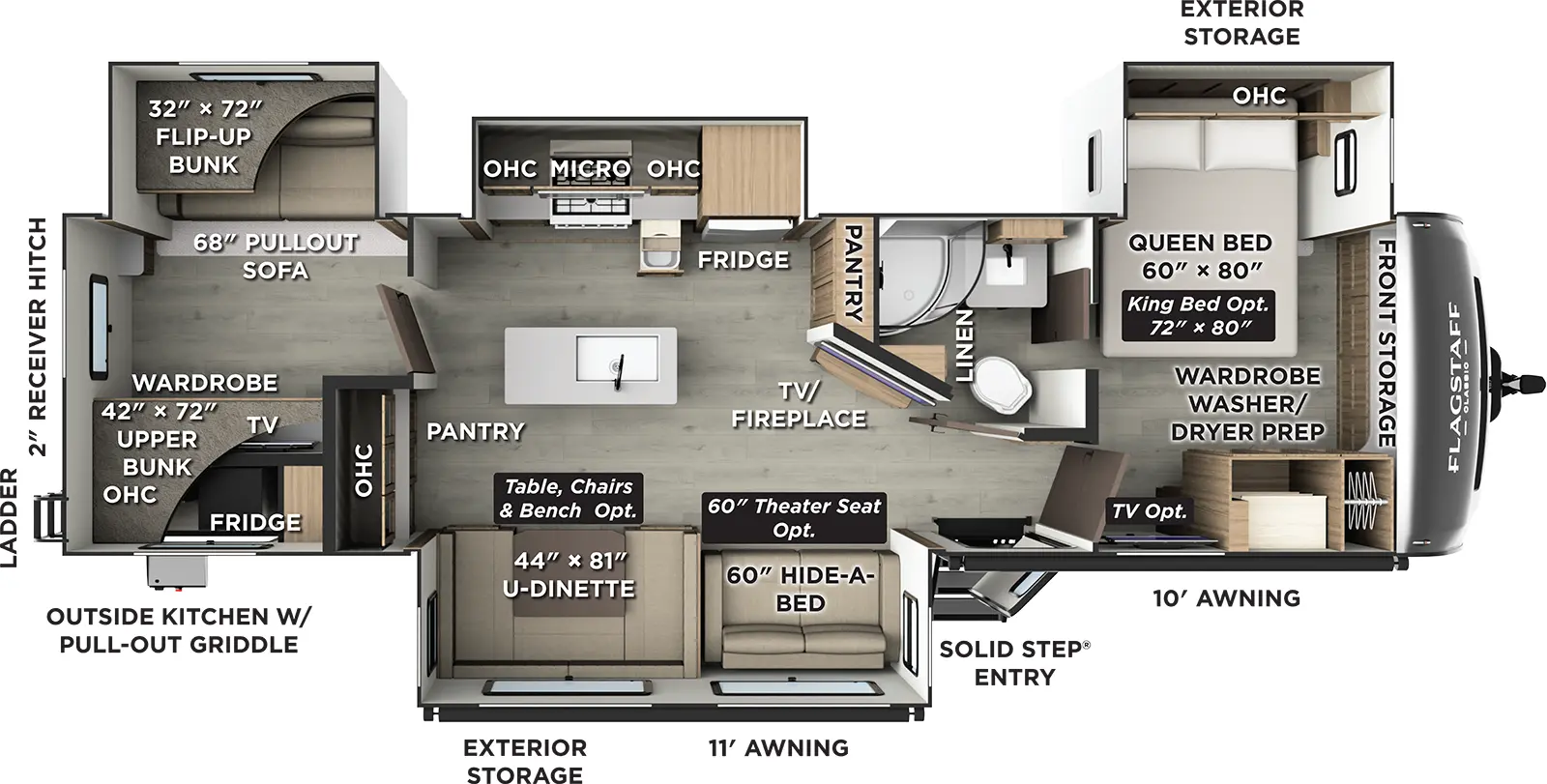 The Flagstaff Classic Travel Trailers 832BWS has one entry and four slide outs. Exterior features include: fiberglass exterior, 11' & 10' awning and outside kitchen. Interiors features include: bunk beds, kitchen island, u-dinette, front bedroom and pass through bathroom.